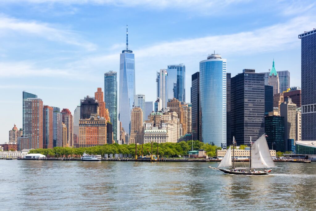 Lower Manhattan skyline with One World Trade Center seen across the water