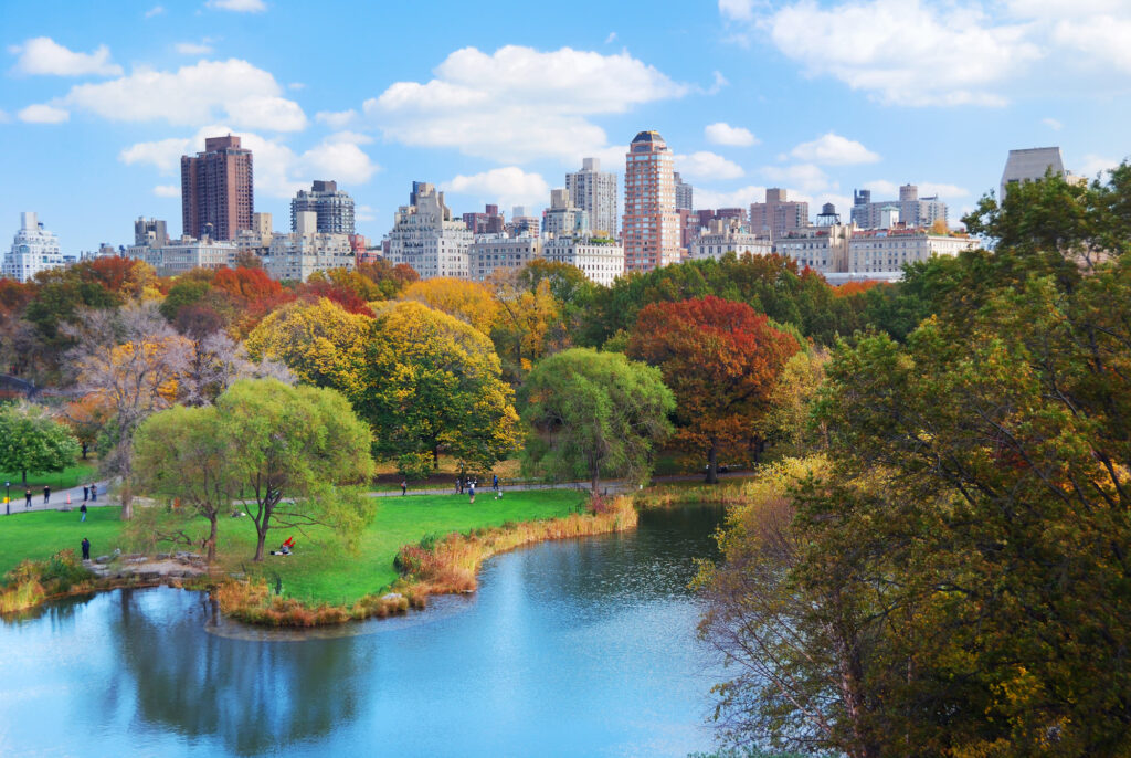 Central Park lake with the Manhattan skyline in autumn