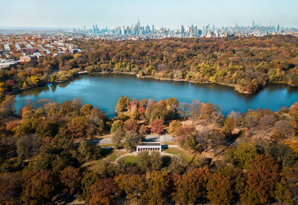 Aerial view of Prospect Park in Brooklyn in autumn