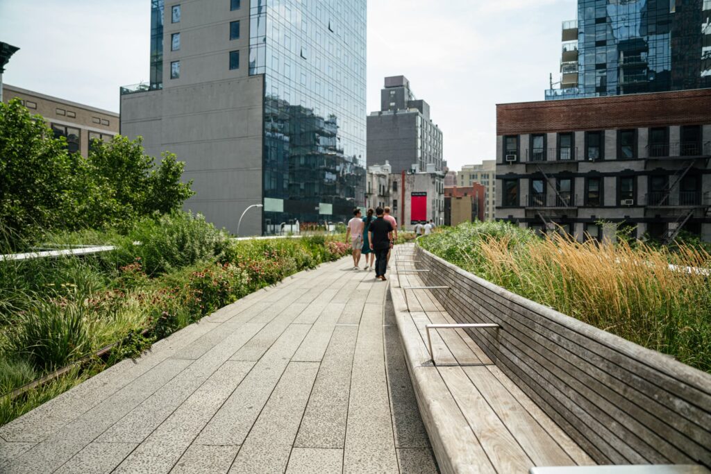 Walkers on the High Line's paved path between beds of grasses and flowers, with a long wooden bench and Chelsea buildings around