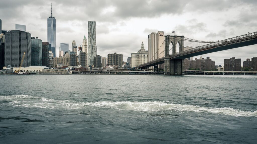 New York City skyline featuring the Brooklyn Bridge and Manhattan buildings viewed from the East River