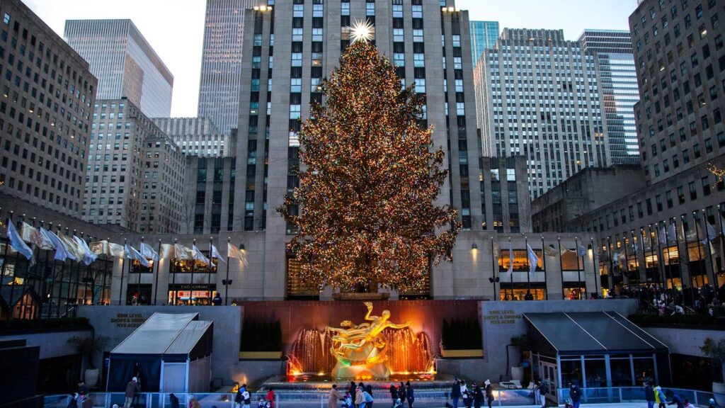 Rockefeller Center plaza and art deco buildings in midtown Manhattan New York City