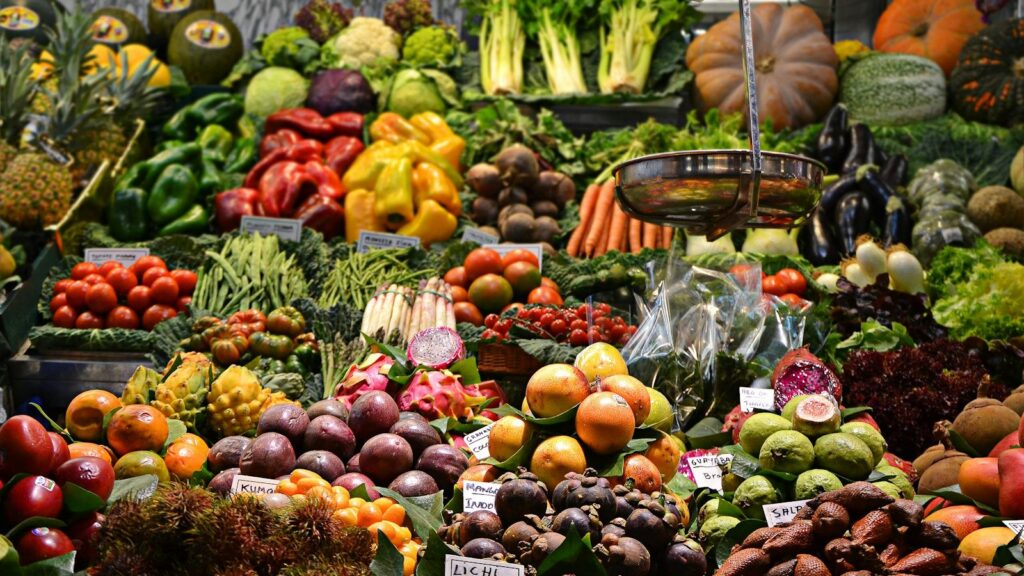 Colorful fresh produce display at a New York farmers market