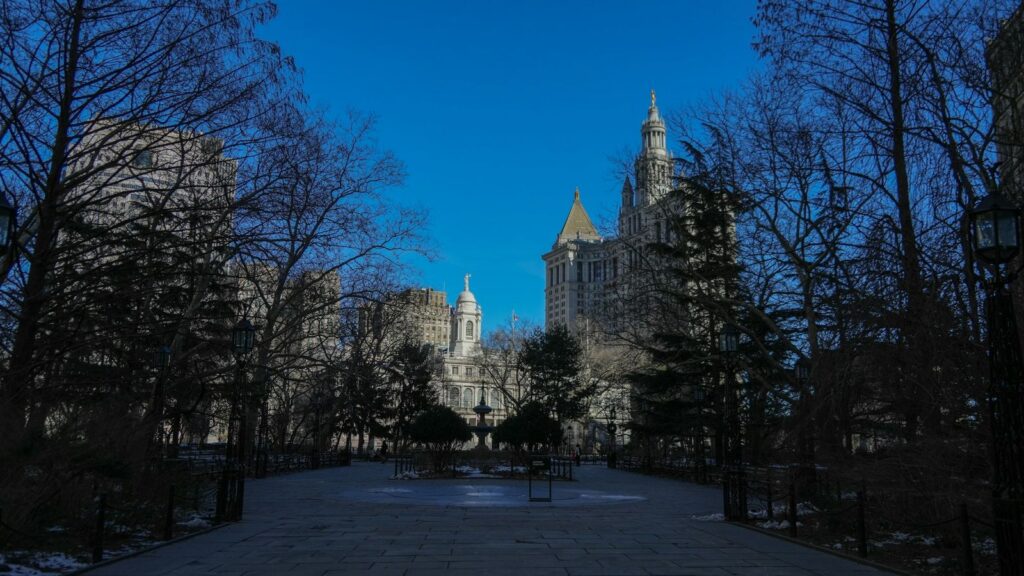 City Hall Park in winter, New York City, with the Municipal Building rising behind bare trees