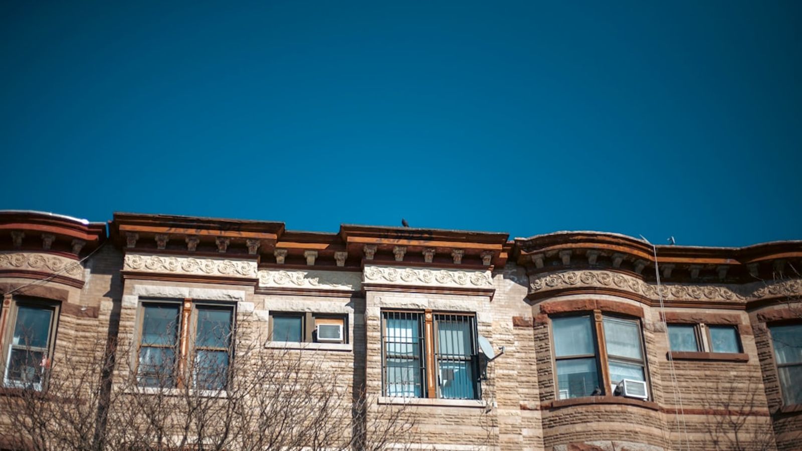 Red-brick and brownstone row houses lining a Brooklyn street with stoops and iron railings