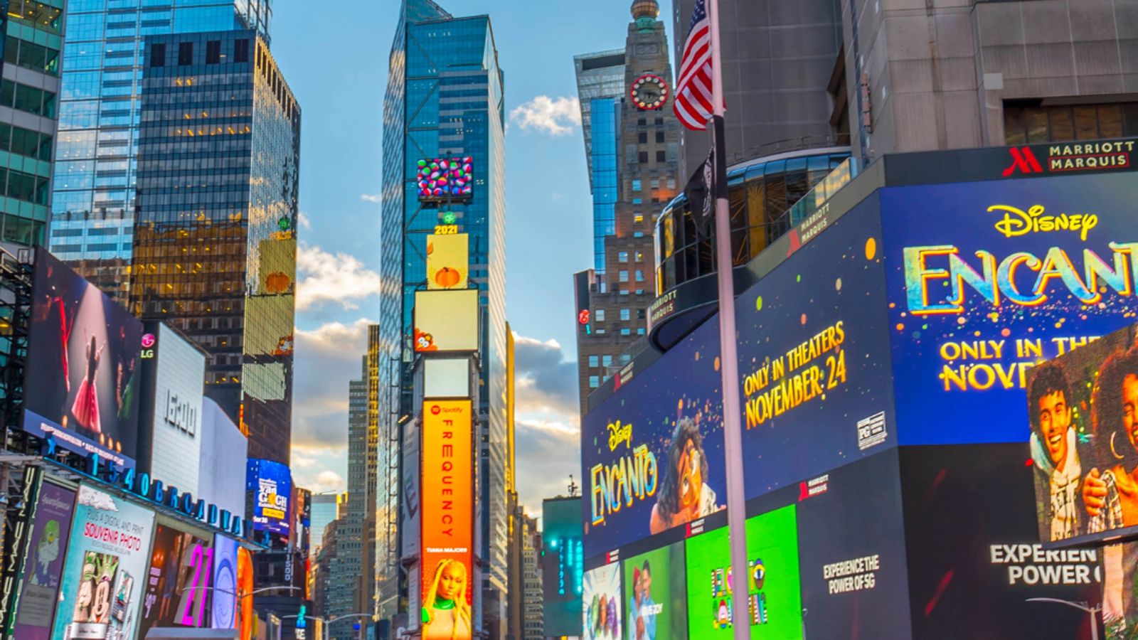 Times Square on Broadway in New York City, the iconic American street famous for its ticker-tape parades and celebrations