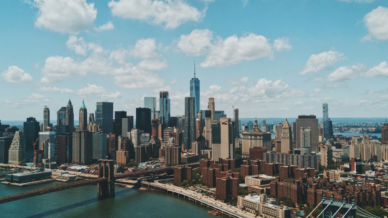 Aerial view of the Brooklyn Bridge and Lower Manhattan skyline seen from Brooklyn Heights, New York City