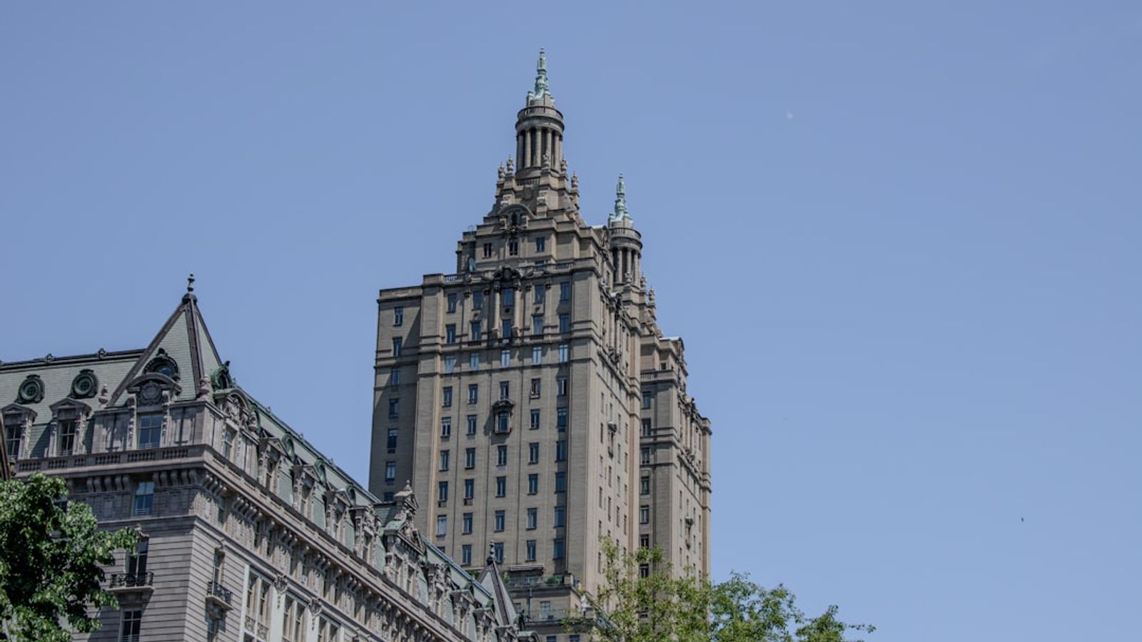 The Dakota building on the Upper West Side of Manhattan with its distinctive German Renaissance turrets and copper roofline