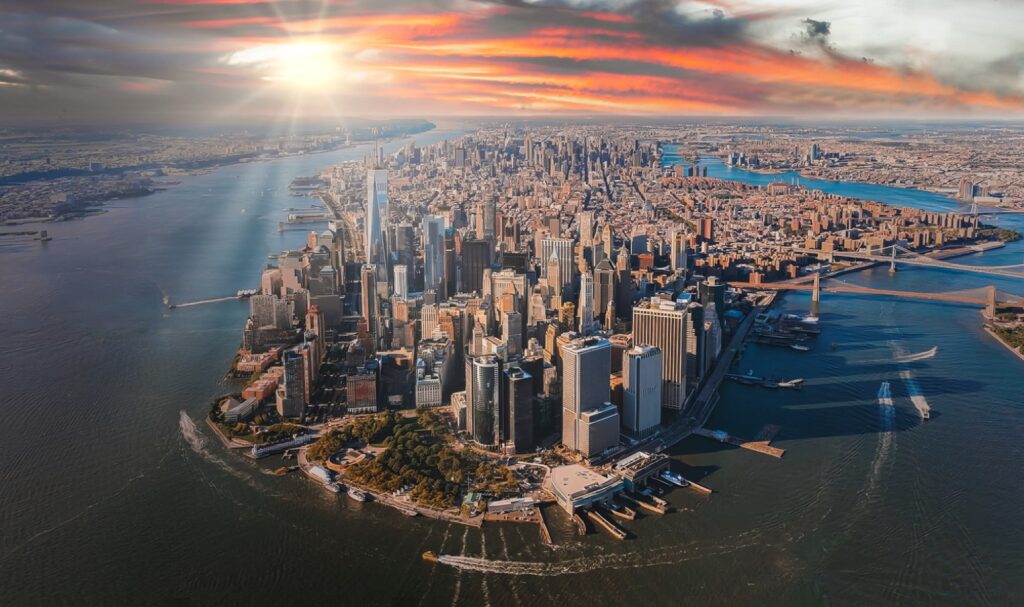 Aerial view of Manhattan island at sunset