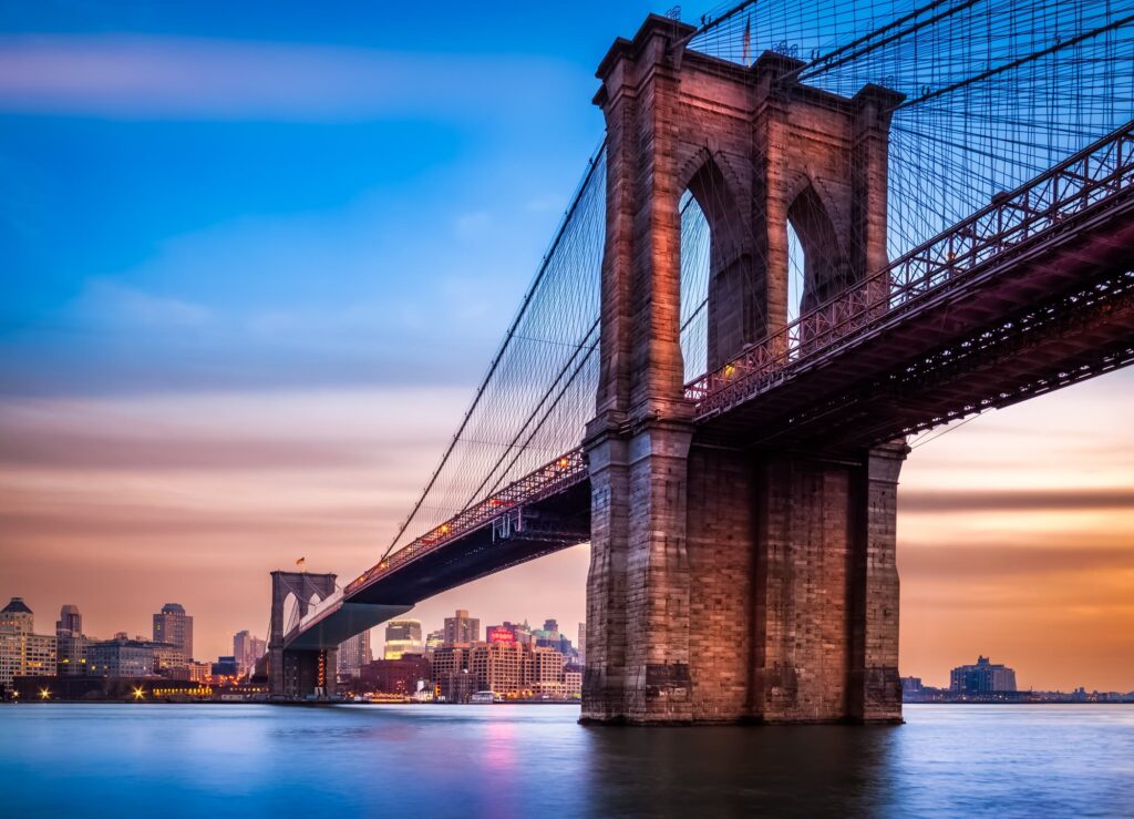 The Brooklyn Bridge at dusk, seen from Manhattan