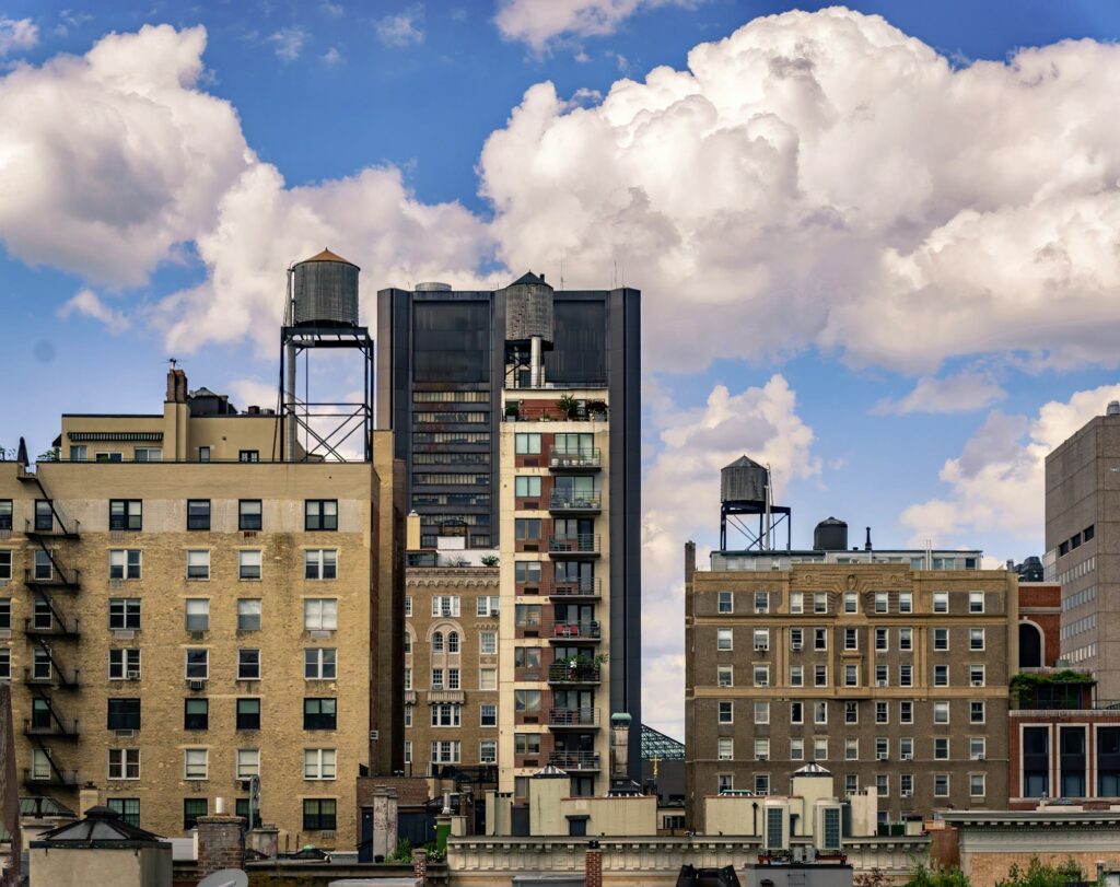 Wooden water towers on Manhattan rooftops