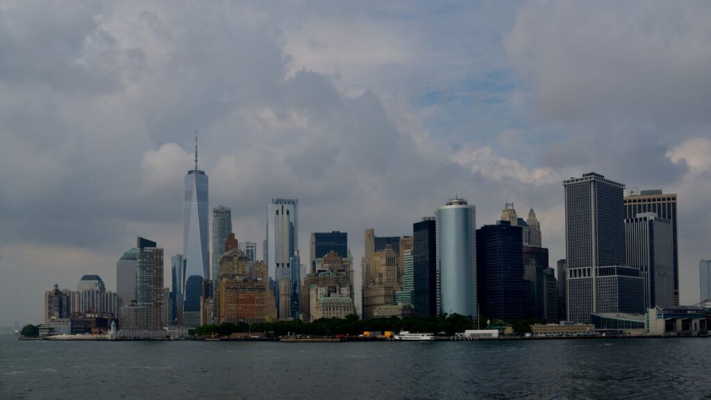 Manhattan skyline as seen from the Staten Island Ferry crossing New York Harbor