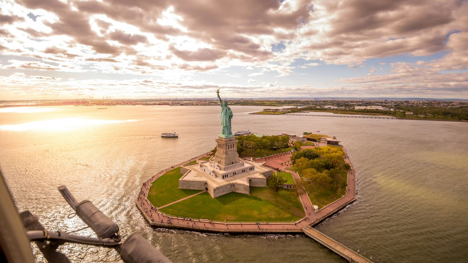Aerial view of Liberty Island and the Statue of Liberty in New York Harbour