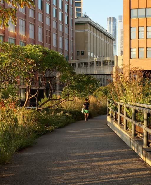 The High Line elevated park walkway lined with greenery and wildflowers, Manhattan New York City