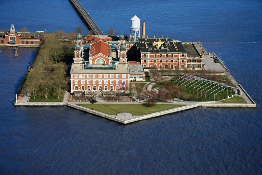Aerial view of Ellis Island in New York Harbor