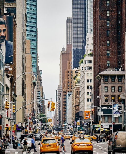 Yellow taxis on a busy New York City street