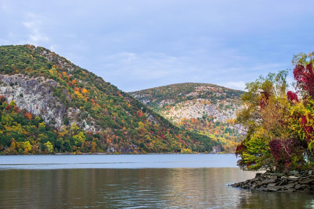 Autumn color on the rocky hills that rise straight from the Hudson River near Cold Spring
