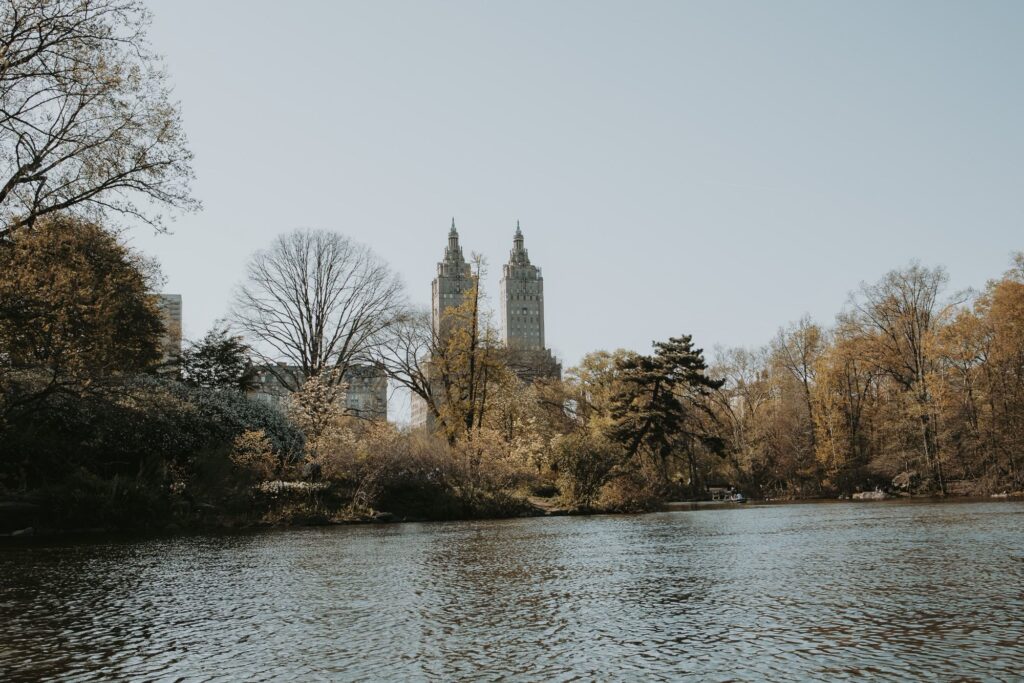 The twin towers of the San Remo on Central Park West, seen across the Lake in Central Park