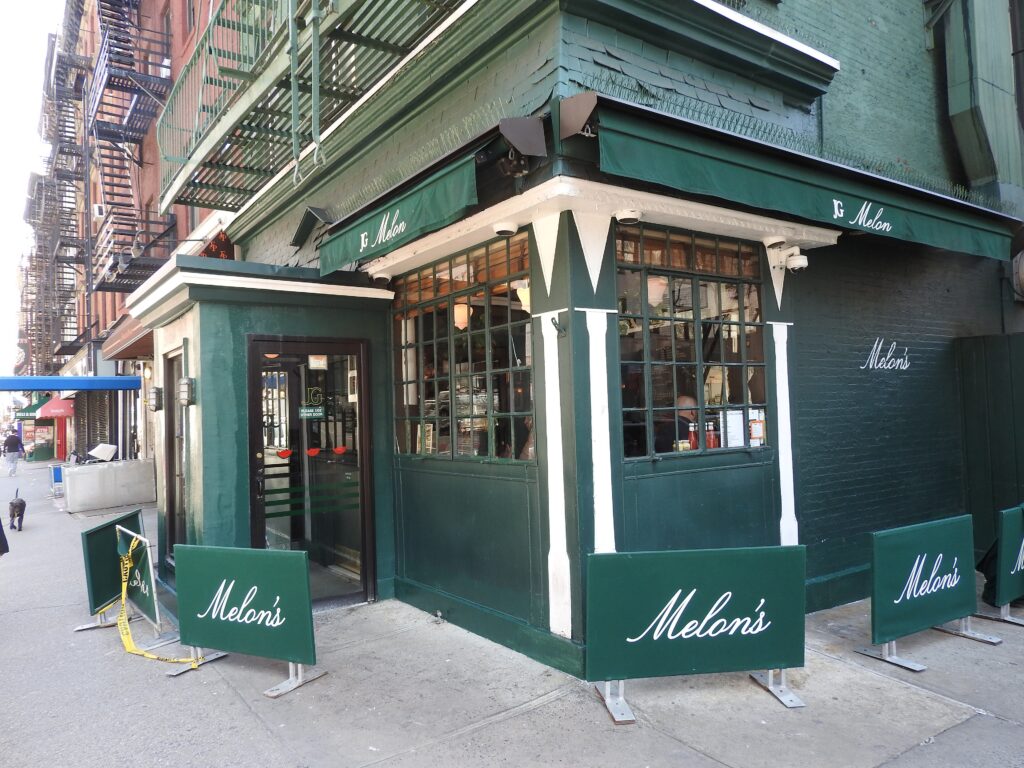 The dark green corner front of J.G. Melon on Third Avenue at 74th Street