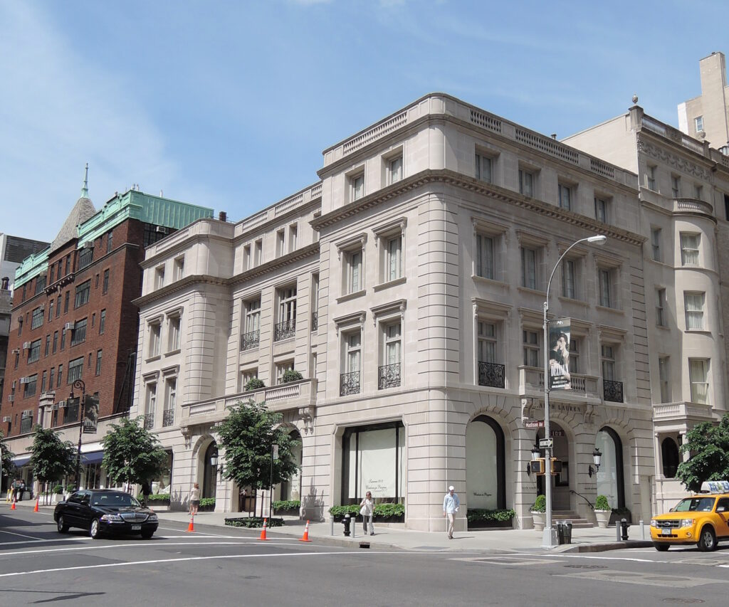 The pale limestone Ralph Lauren building on the corner of Madison Avenue and East 72nd Street