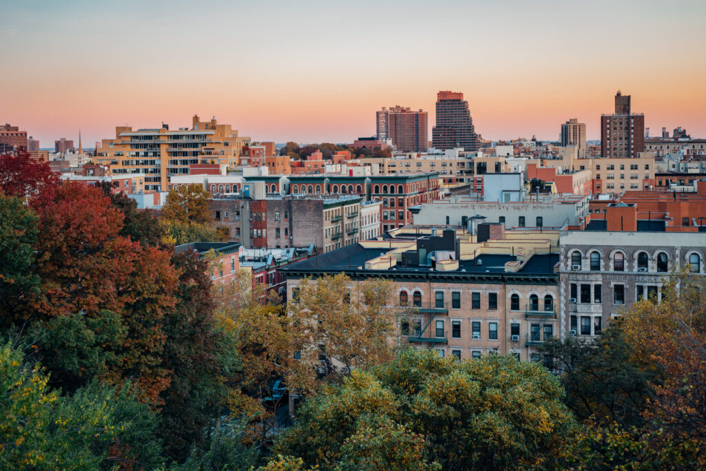 Harlem rooftops at autumn sunset seen from Morningside Heights