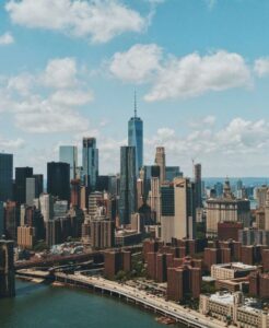 Aerial view of Brooklyn Bridge and Lower Manhattan skyline from Brooklyn Heights, New York City