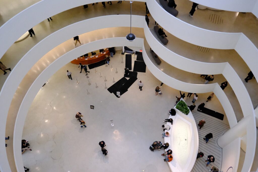 Looking down from the white spiral ramps into the rotunda of the Guggenheim Museum