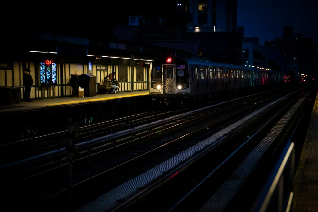 A New York City subway train at Marcy Avenue station in Brooklyn