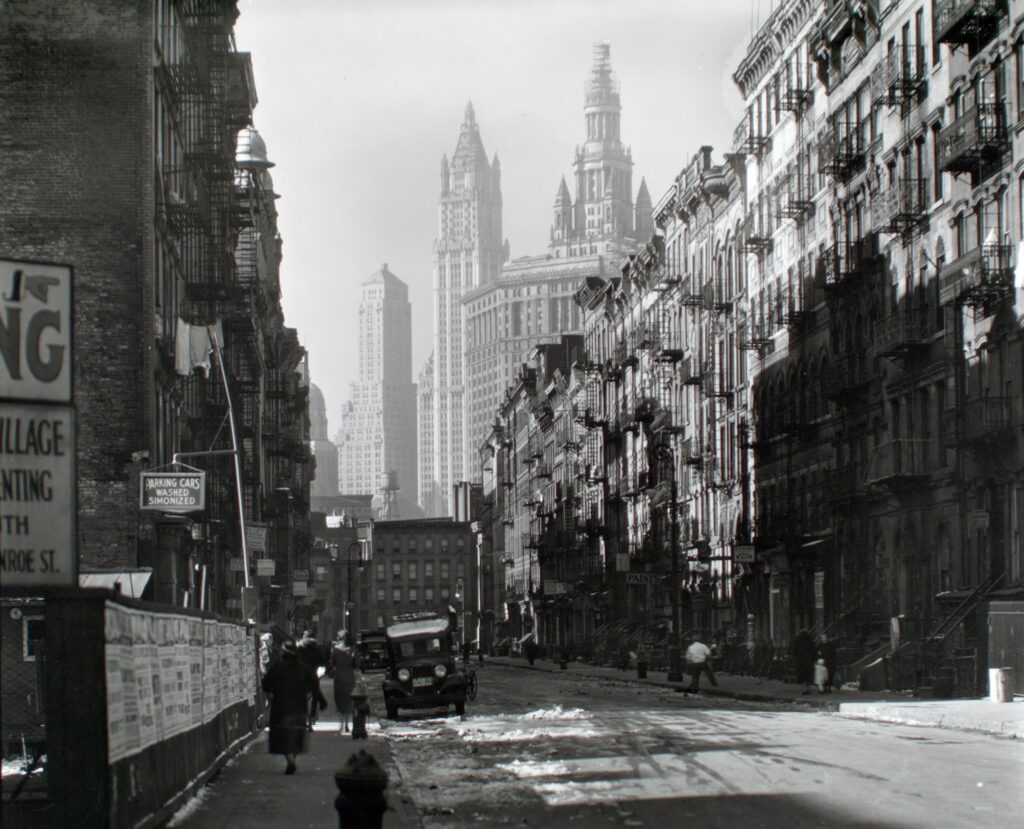 Tenements with fire escapes along Henry Street on the Lower East Side, Manhattan, in the 1930s