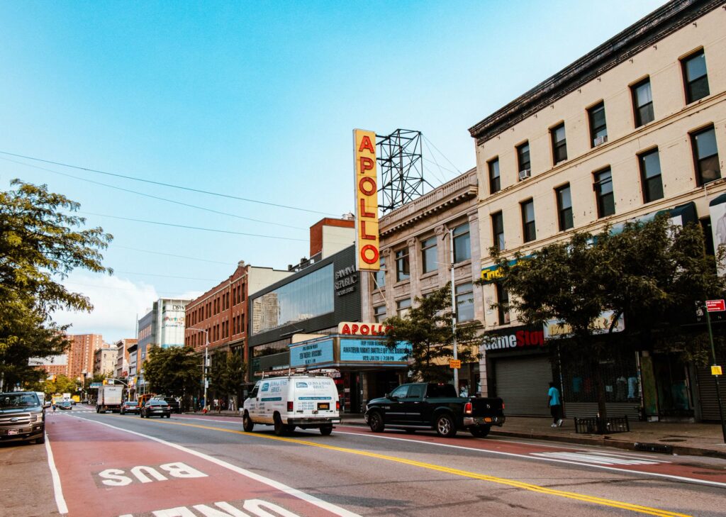 The red-lettered Apollo sign and marquee above West 125th Street in Harlem