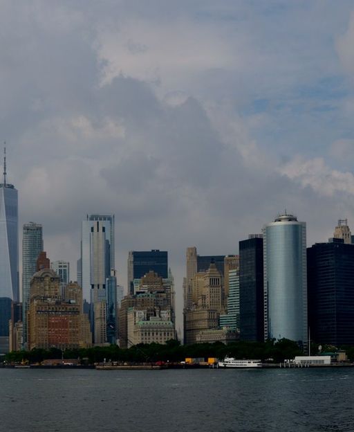 Manhattan skyline seen from the Staten Island Ferry crossing New York Harbour