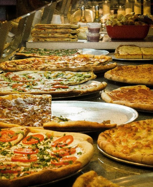 Classic New York style pizzas displayed on trays in a traditional NYC pizzeria, showing the characteristic round thin-crust pies that define the city's pizza tradition