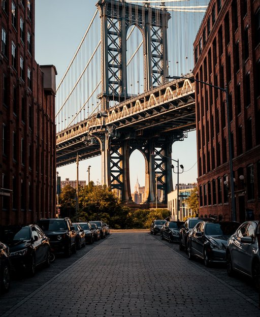Cobblestone streets and brick warehouses in Dumbo Brooklyn with the Manhattan Bridge visible above, one of New York City iconic neighbourhoods