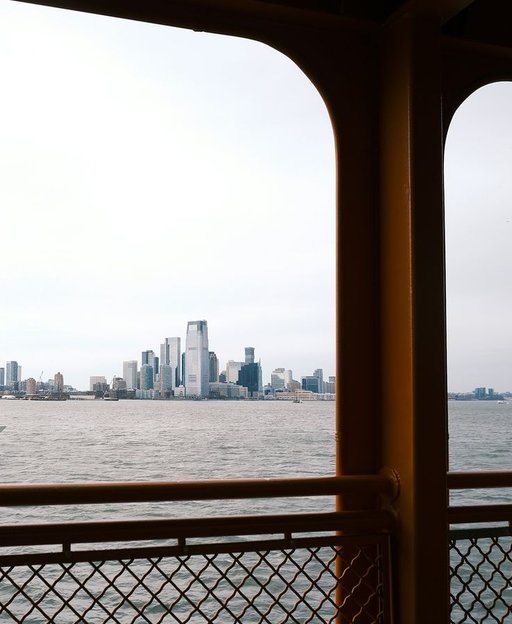Manhattan skyline viewed from New York Harbor, showing the Financial District skyscrapers