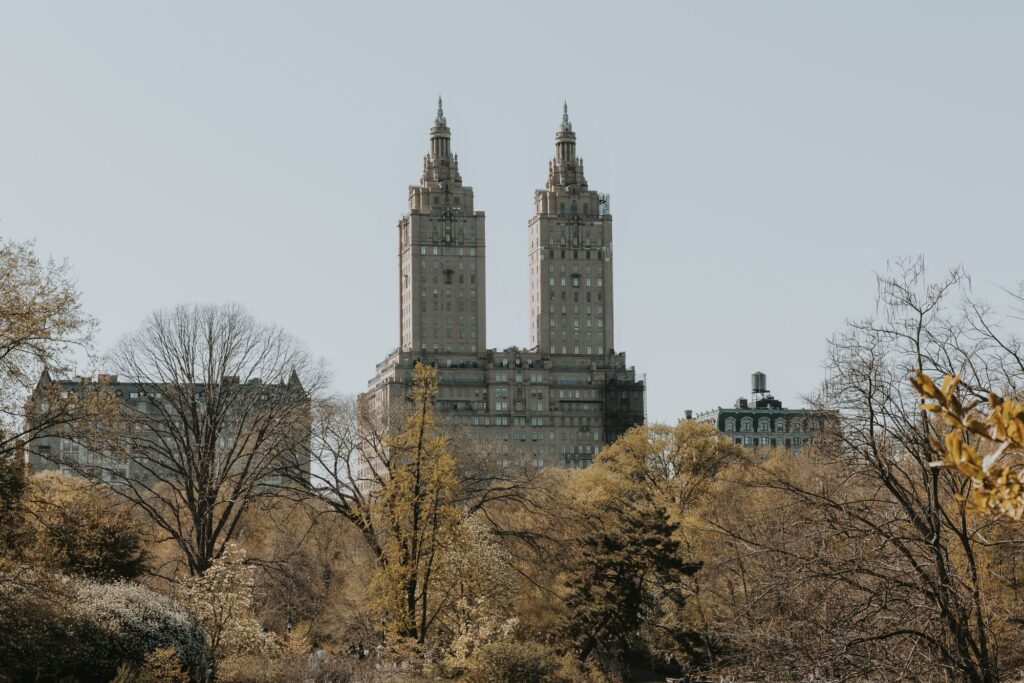 The twin towers of the San Remo on Central Park West rising above the trees of Central Park