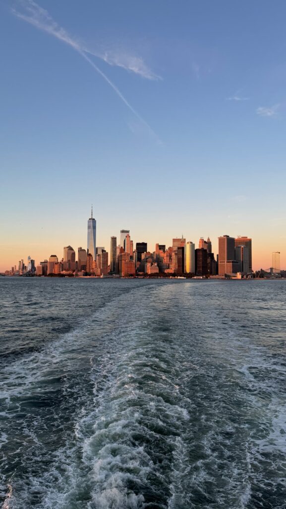 Manhattan skyline at sunset seen from the Staten Island Ferry