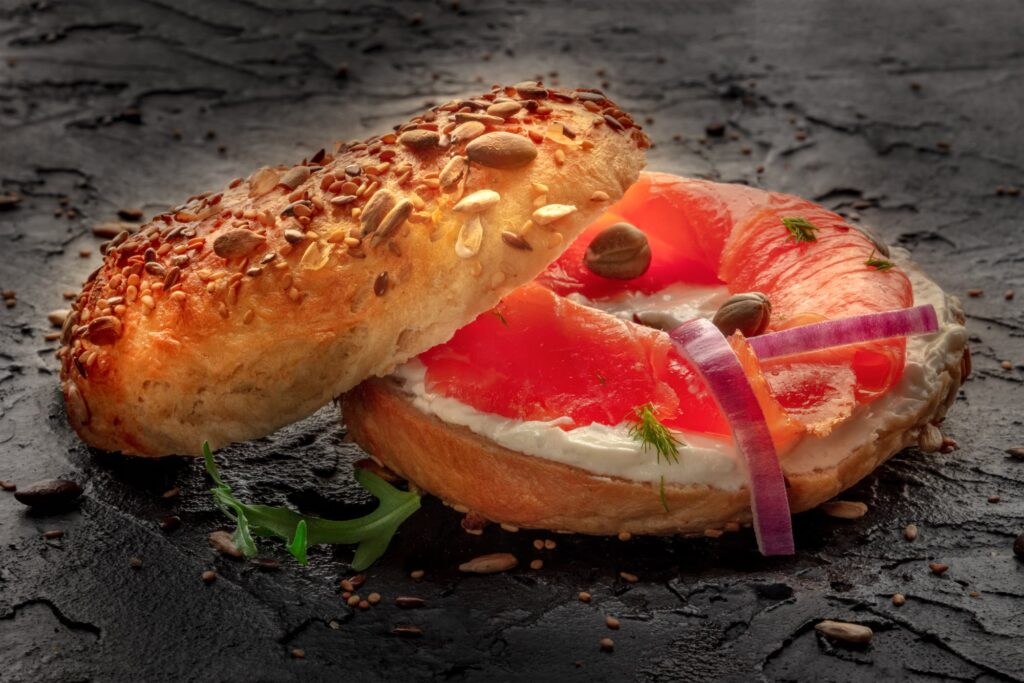Bagel with lox, cream cheese, red onion, capers and dill