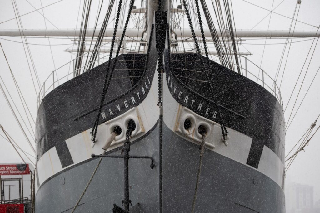 The tall ship Wavertree moored at South Street Seaport in a snowstorm
