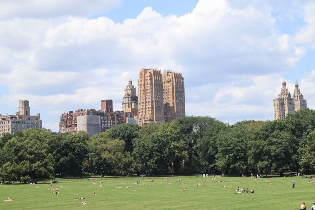 Sunbathers spread out across the grass of Sheep Meadow, with Central Park West towers including the San Remo above the trees