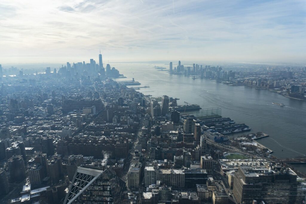 Aerial view of Manhattan's skyline with the Hudson River alongside