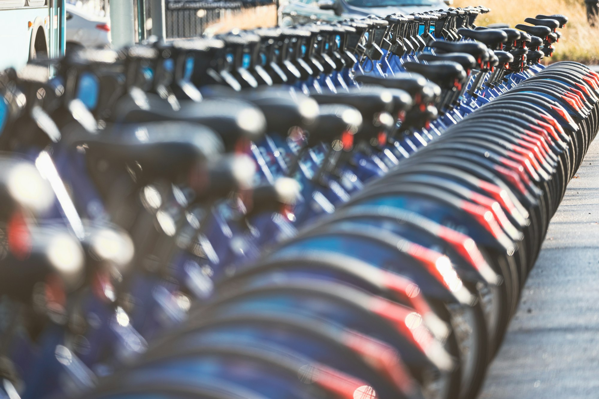 Rental bikes lined up at Battery Park in Lower Manhattan