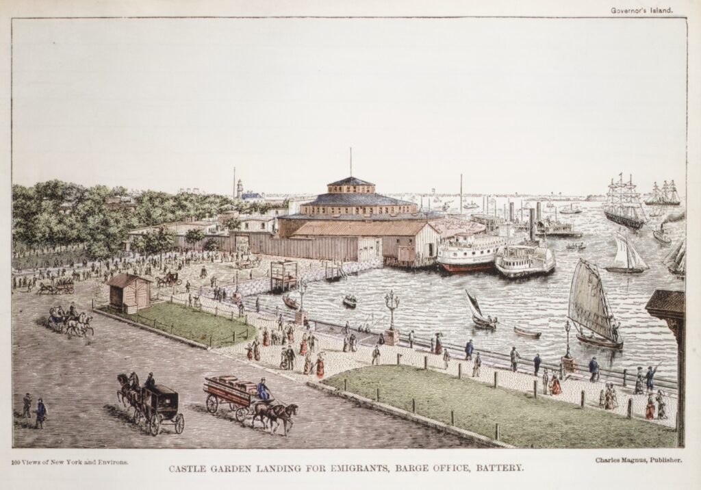 Hand-colored print of the Castle Garden landing for emigrants at the Battery, with steamboats and sailing ships in the harbor