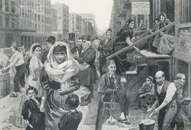1890s engraving of the Syrian colony on Washington Street: families on a tenement stoop, a man with a water pipe and a Syrian restaurant sign