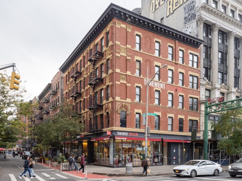 Orchard Street at Delancey Street, with the Tenement Museum building on the corner