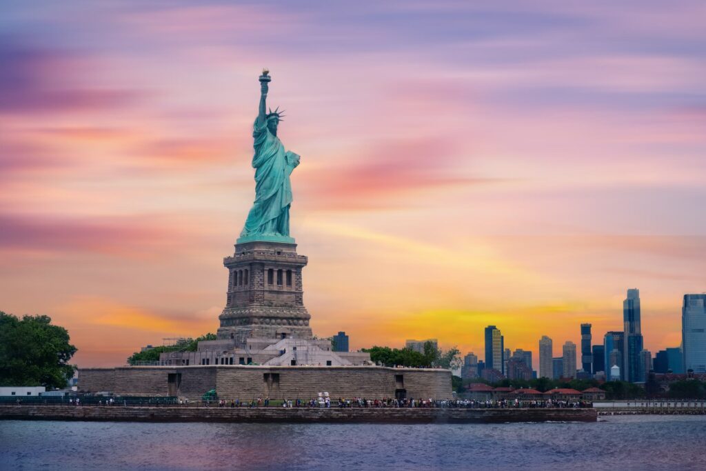 The Statue of Liberty seen from the water of New York Harbor